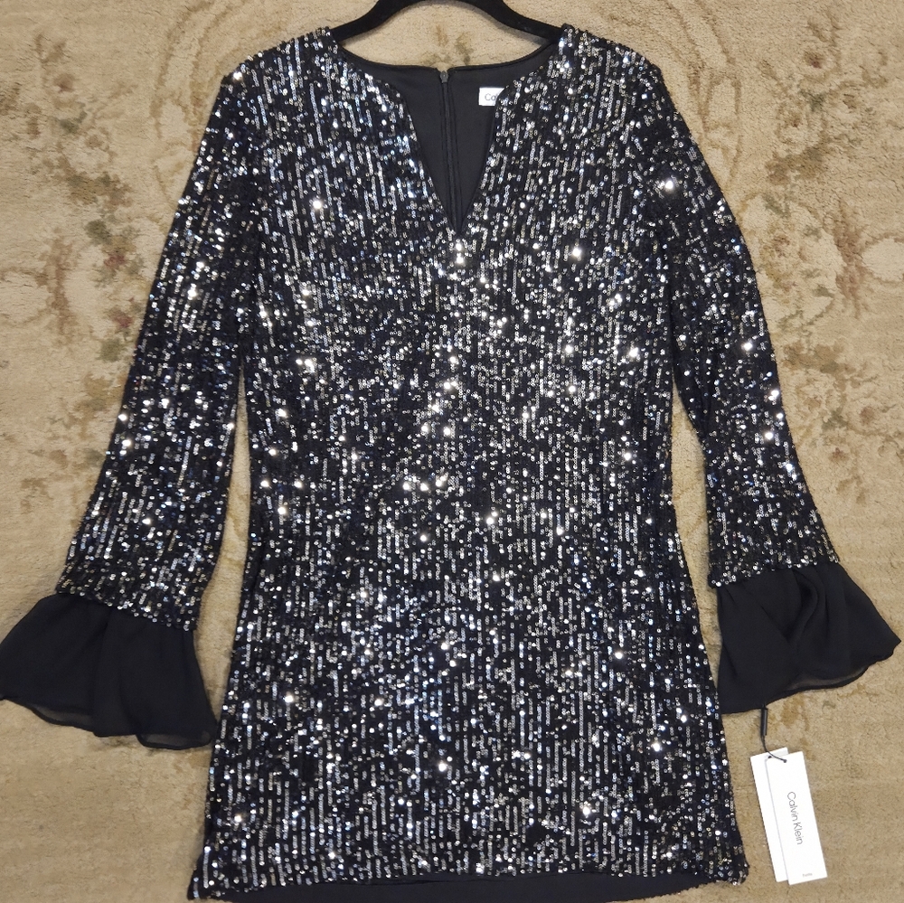 NWT Calvin Klein V-Neck Black and Silver Sequin 3/4 Bell Sleeve Dress Size 12P